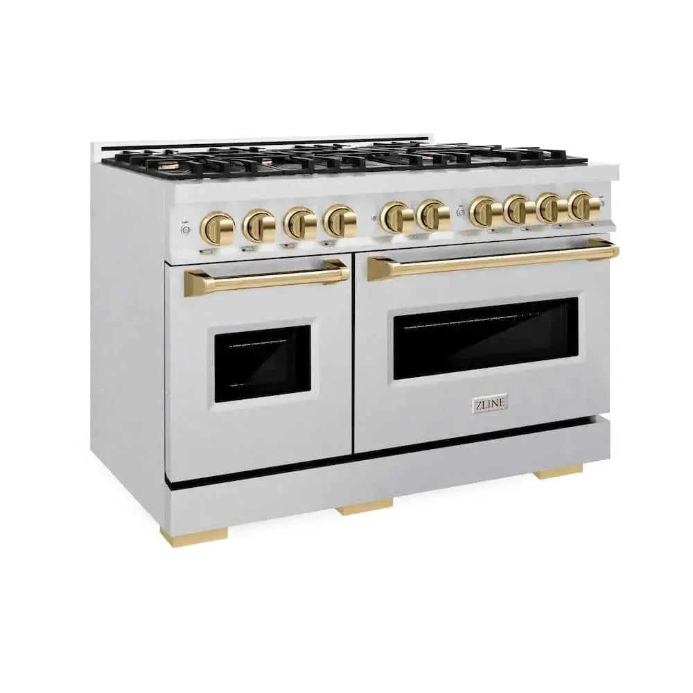 ZLINE 48" Dual Fuel Range, Gas Cooktop, Electric Convection Oven DuraSnow® Stainless Steel, Gold CDRSZ-48-G by Farmhouse Kitchen and Bath