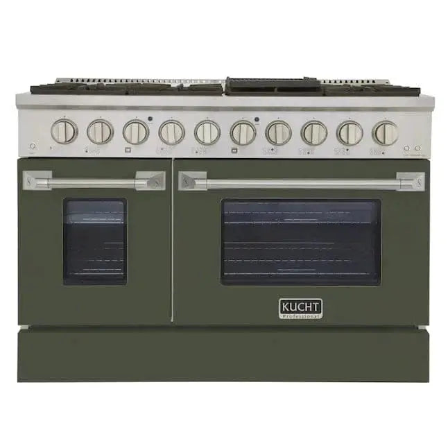 Kucht 48" Propane Range in Stainless Steel, Olive Green Doors, KNG481/LP-OG by Farmhouse Kitchen and Bath