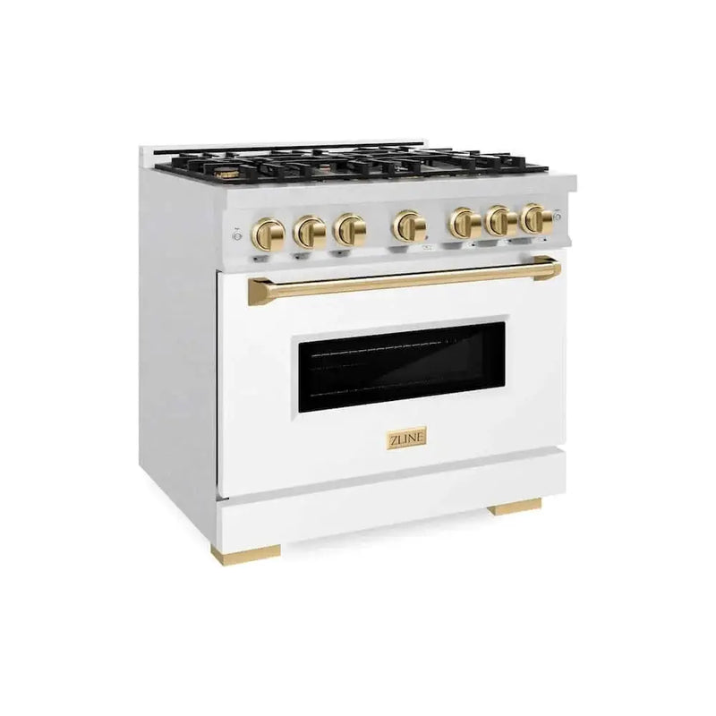 ZLINE 36" Dual Fuel Range, Gas Cooktop, Electric Convection Oven DuraSnow® Stainless Steel, White Matte Door Polished Gold CDRSZ-WM-36-G by Farmhouse Kitchen and Bath