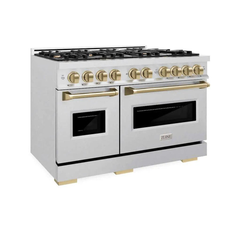 ZLINE 48" Dual Fuel Range, Gas Cooktop, Electric Convection Oven DuraSnow® Stainless Steel, Champagne Bronze CDRSZ-48-CB by Farmhouse Kitchen and Bath