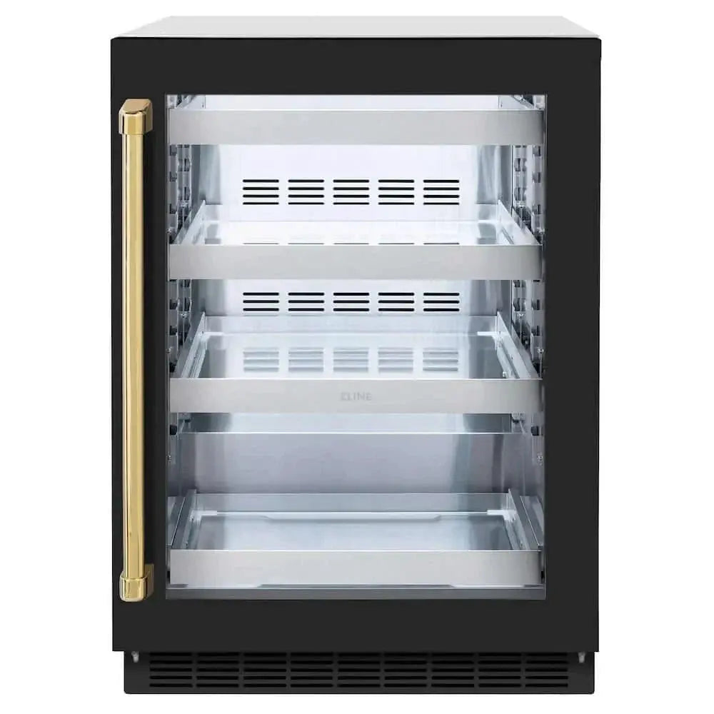 ZLINE 24" Touchstone 151 Can Beverage Fridge Black Matte Glass Door Gold RBSOZ-BLM-24-G by Farmhouse Kitchen and Bath