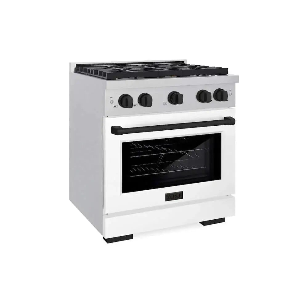 ZLINE 30"Gas Range, Convection Gas Oven, DuraSnow® White Matte, Matte Black SGRSZ-WM-30-MB by Farmhouse Kitchen and Bath
