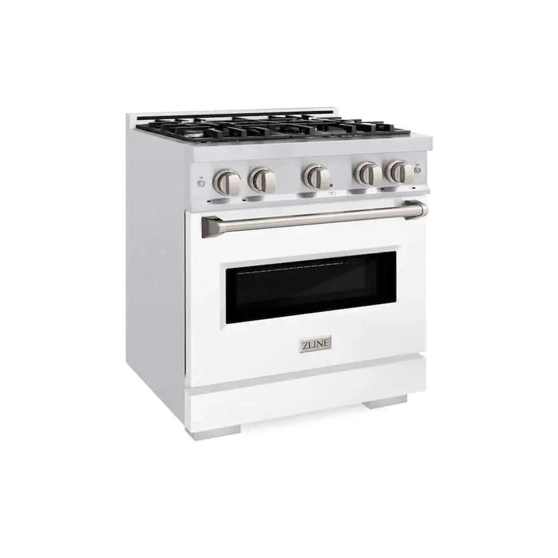 ZLINE 30" Dual Fuel Range, Gas Cooktop, Electric Convection Oven DuraSnow® Stainless Steel, White Matte Door CDRS-WM-30 by Farmhouse Kitchen and Bath