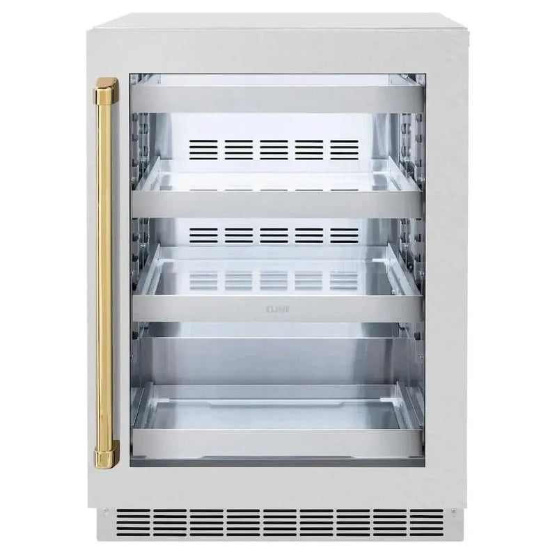 ZLINE 24" Touchstone 151 Can Beverage Fridge DuraSnow® Stainless Steel Glass Door Polished Gold Handle RBSOZ-SN-24-G by Farmhouse Kitchen and Bath