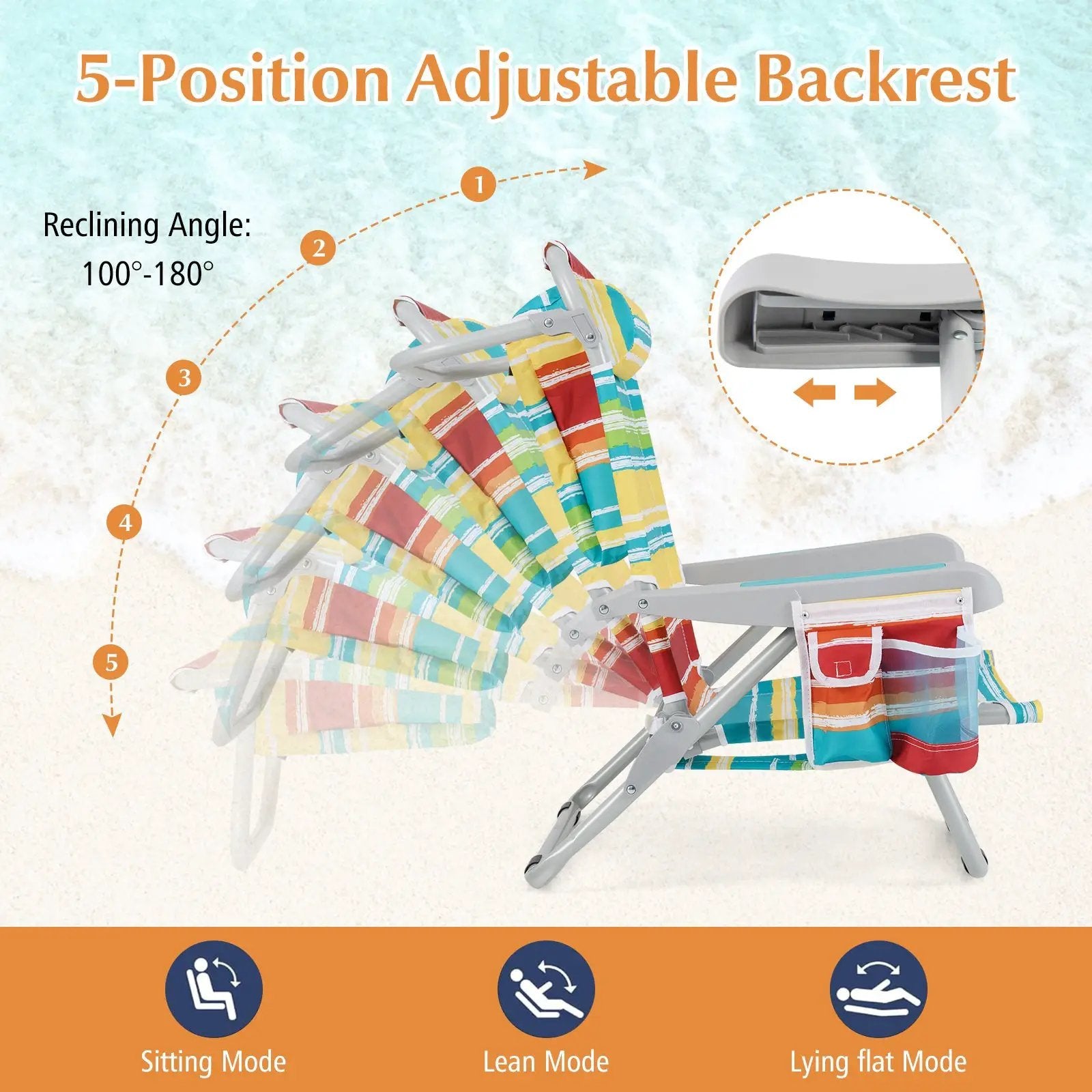1 Piece Foldable Backpack Beach Chair with Cup Holder and Storage Pockets for Outdoor by DirectDeals