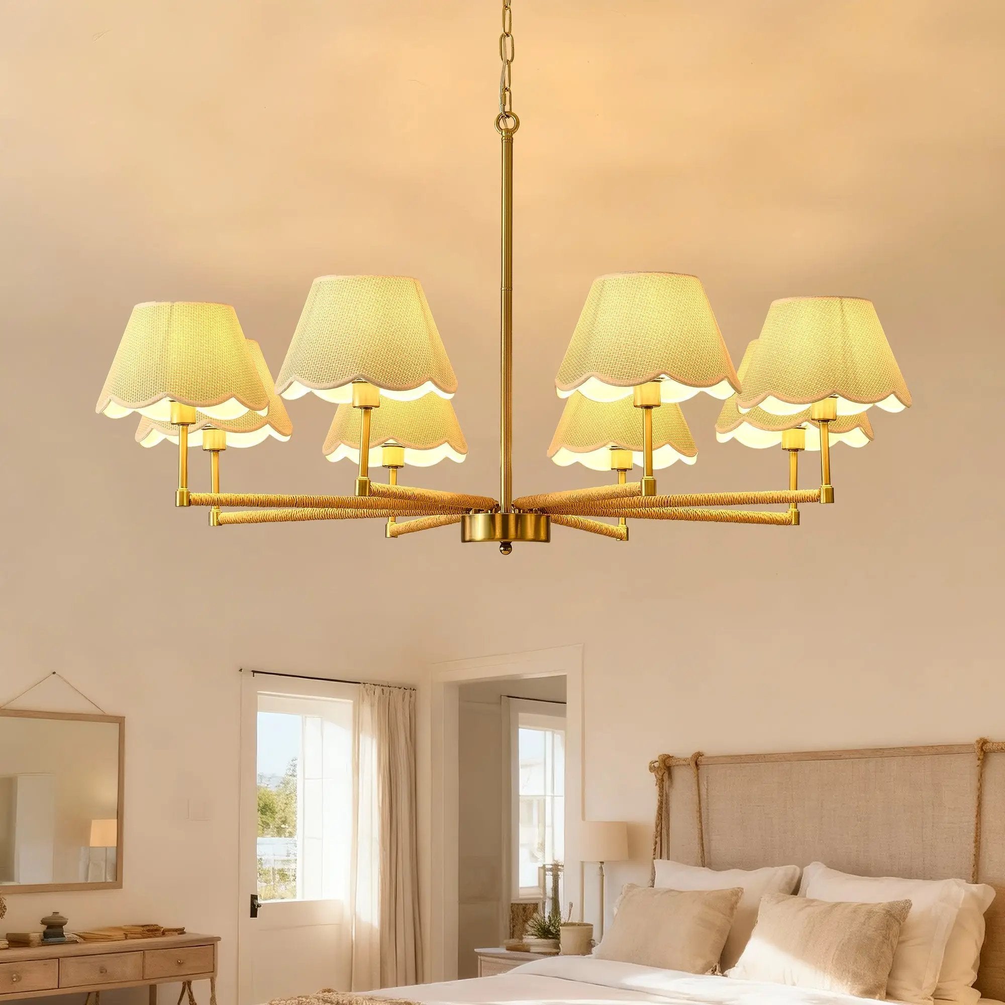 8-Light Rope and Fabric Shade Gold Chandelier by HouseOfZazla