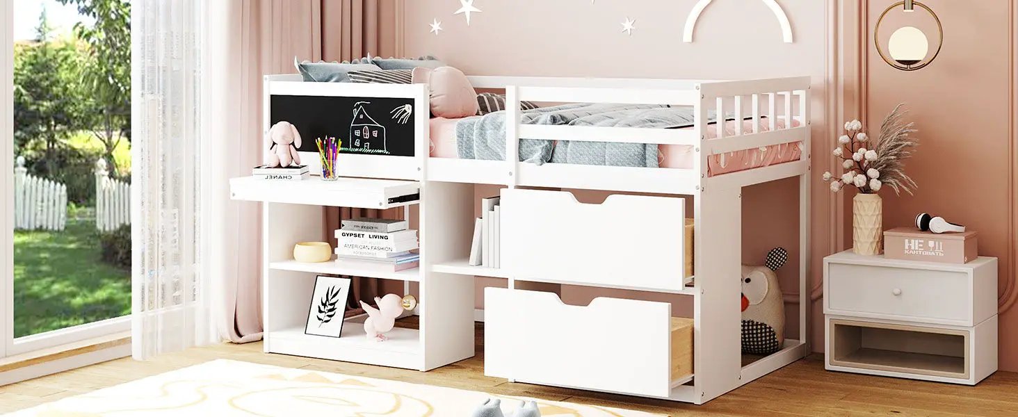 Low Loft Bed With Rolling Desk, Shelf And Drawers by HouseOfZazla
