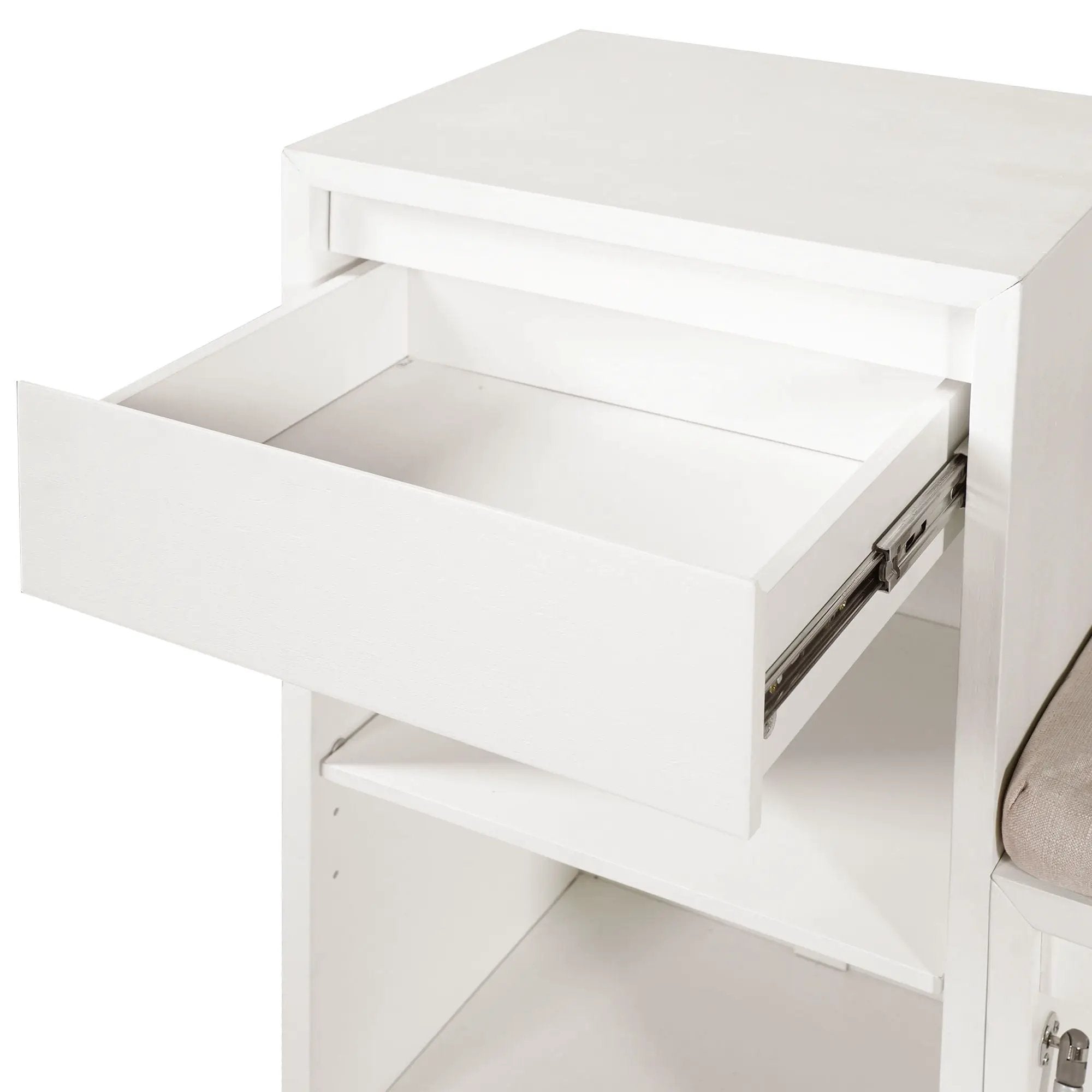 Entryway Storage Bench With Cushion, Drawers & Open Shelves