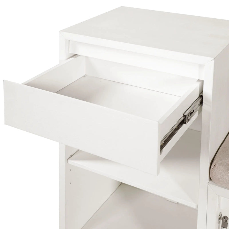 Entryway Storage Bench With Cushion, Drawers & Open Shelves