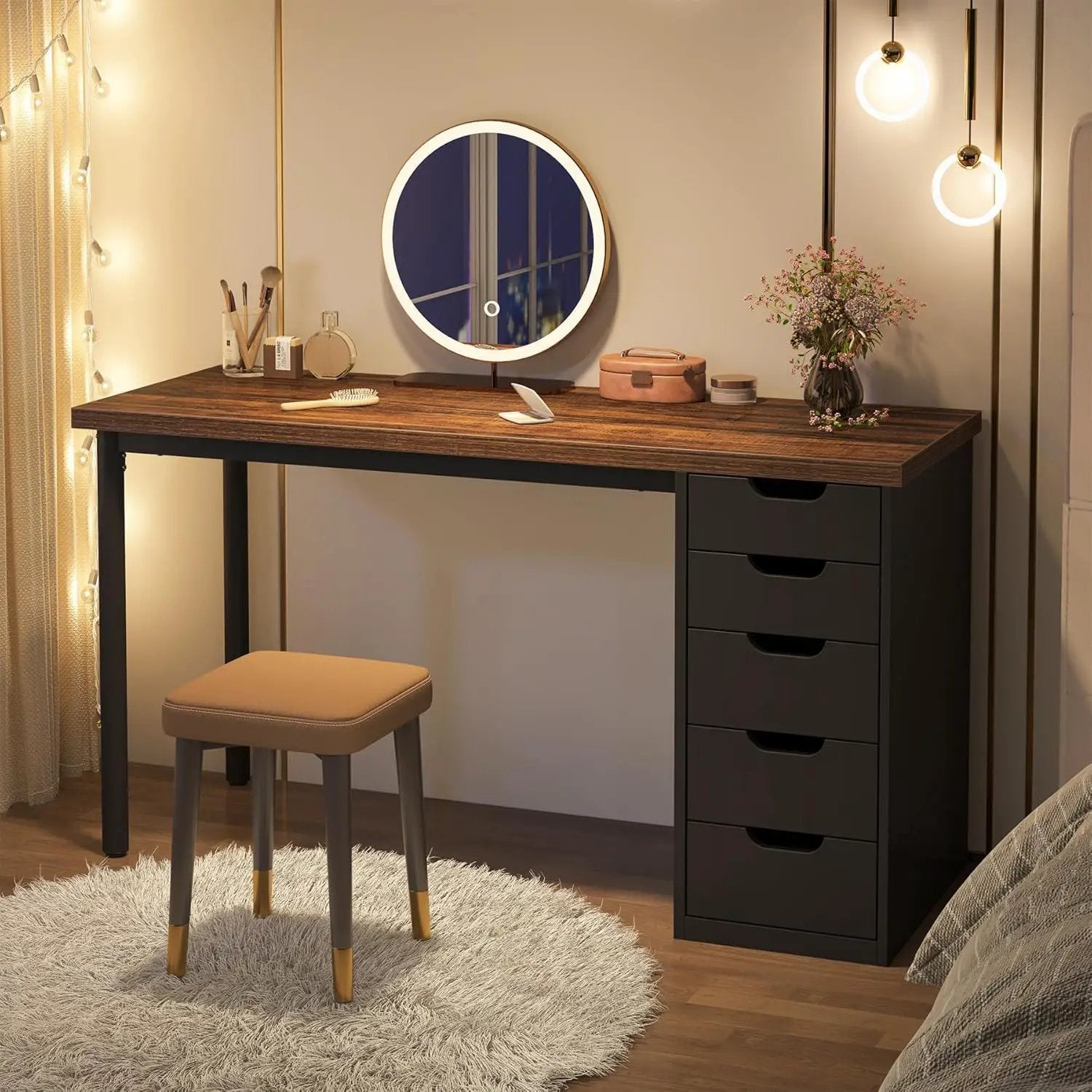 Computer Desk With 5 Drawers, Reversible Cabinet Design