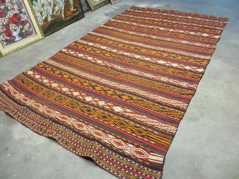 6' X 10' Antique 1930 Turkish Jajim Kilim Handmade Flat Weave Wool Rug Veg Dye by Jewel Rugs