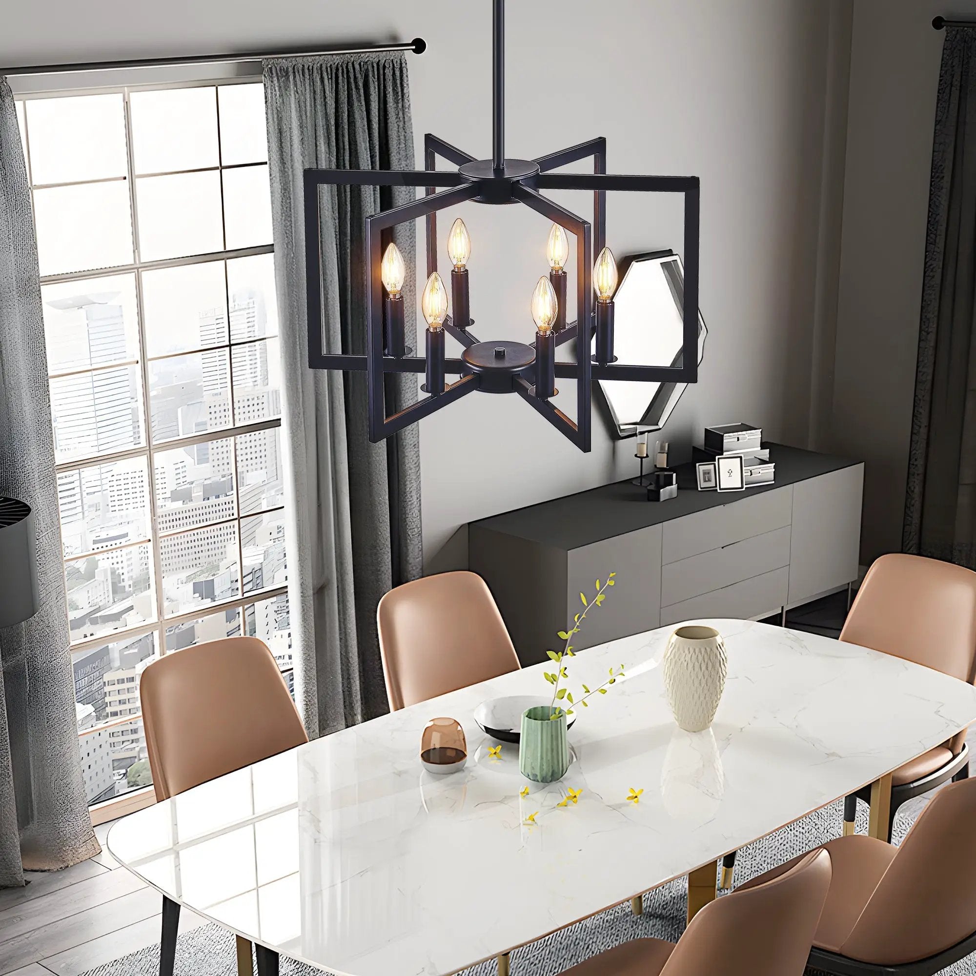 22' Modern Black Geometric 6-Light Chandelier – Industrial Metal Pendant Light Fixture for Living Room, Dining Room, or Kitchen (Bulb Not Included) by HouseOfZazla