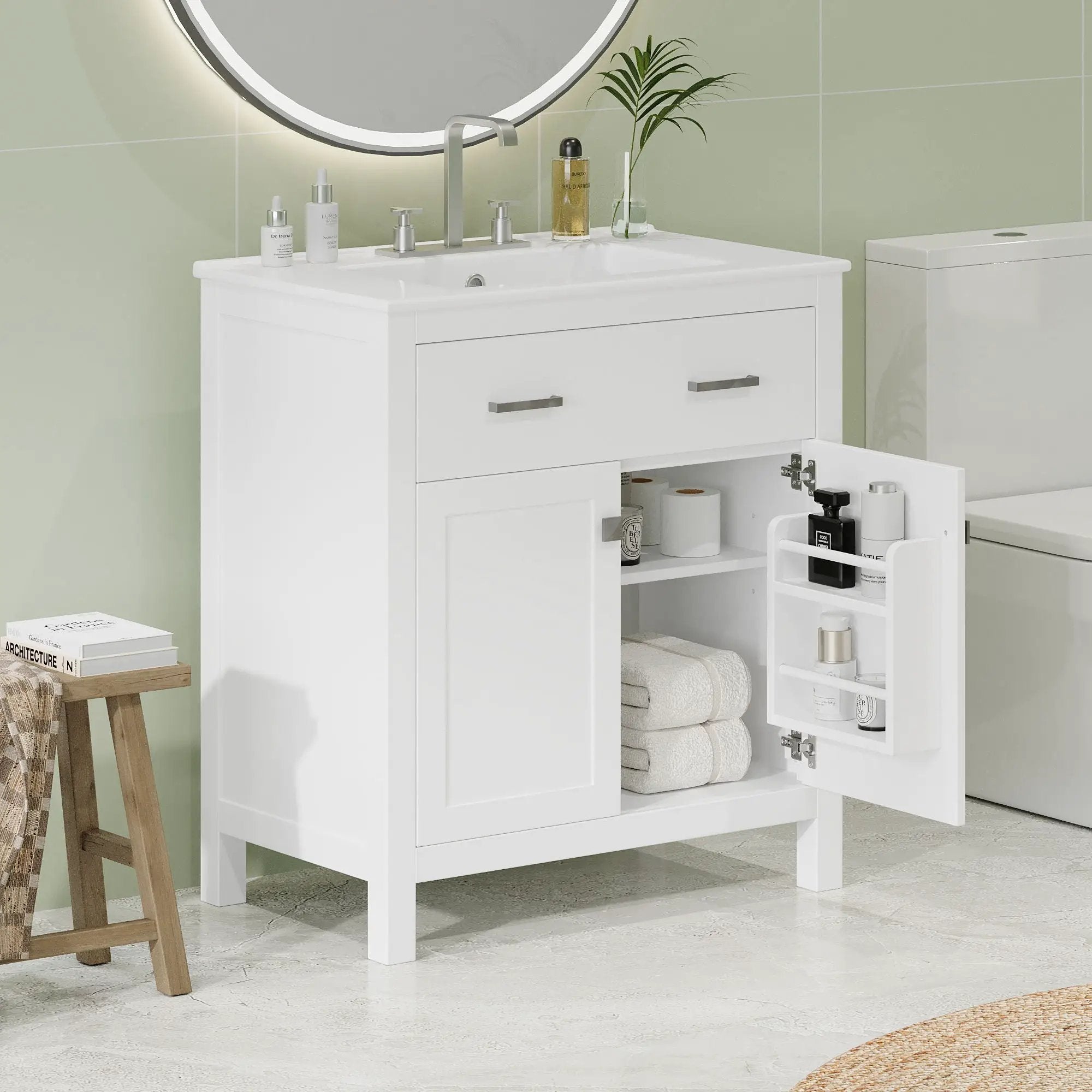 Bathroom Vanity With Ceramic Sink, Modern Single Bathroom Cabinet With 2 Doors And A Shelf, Soft Close Doors by Unique Piece Furniture