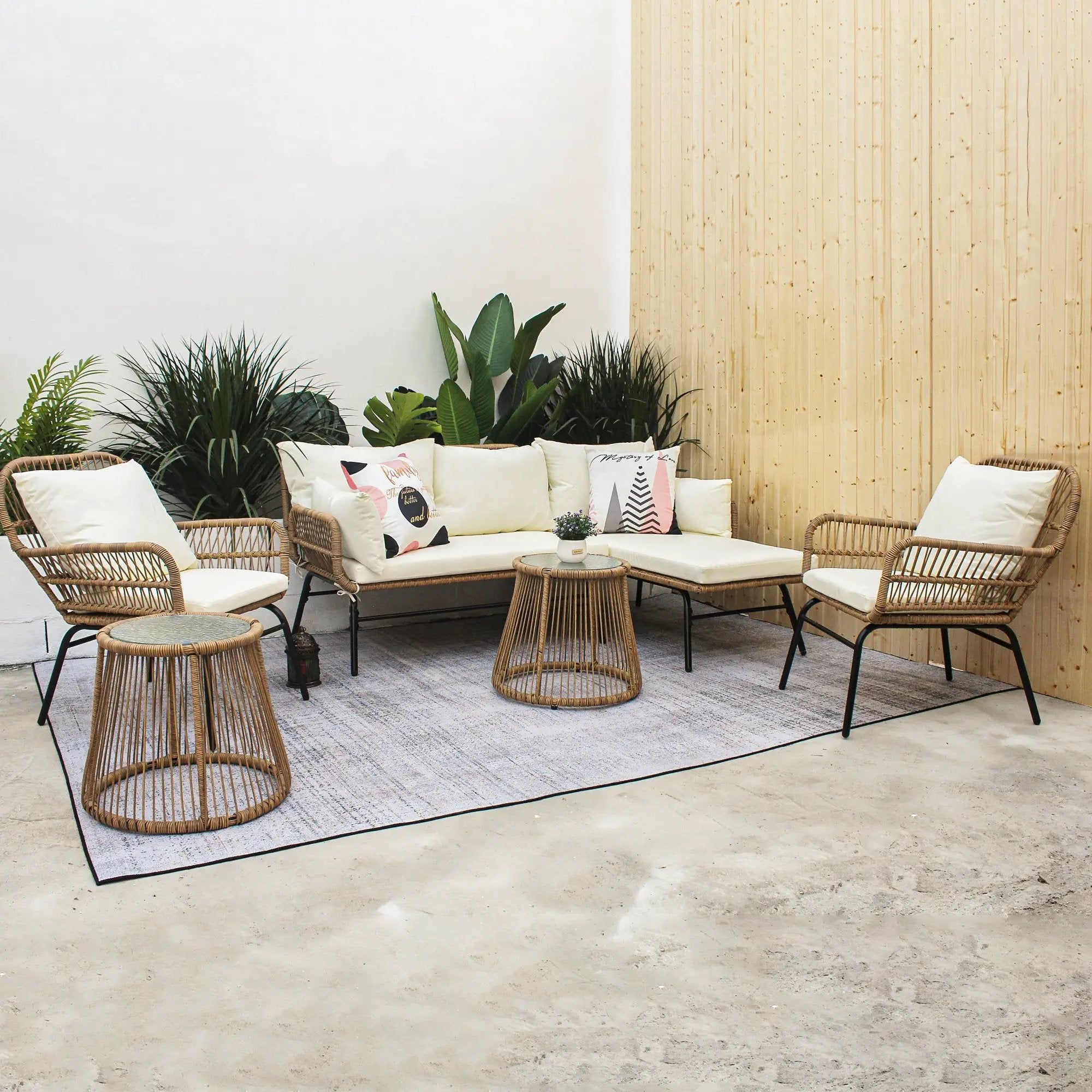 6PCS Outdoor Patio Balcony Natural Color Wicker Sofa Chair Set with Beige Cushion,Round Tempered Glass Table by HouseOfZazla