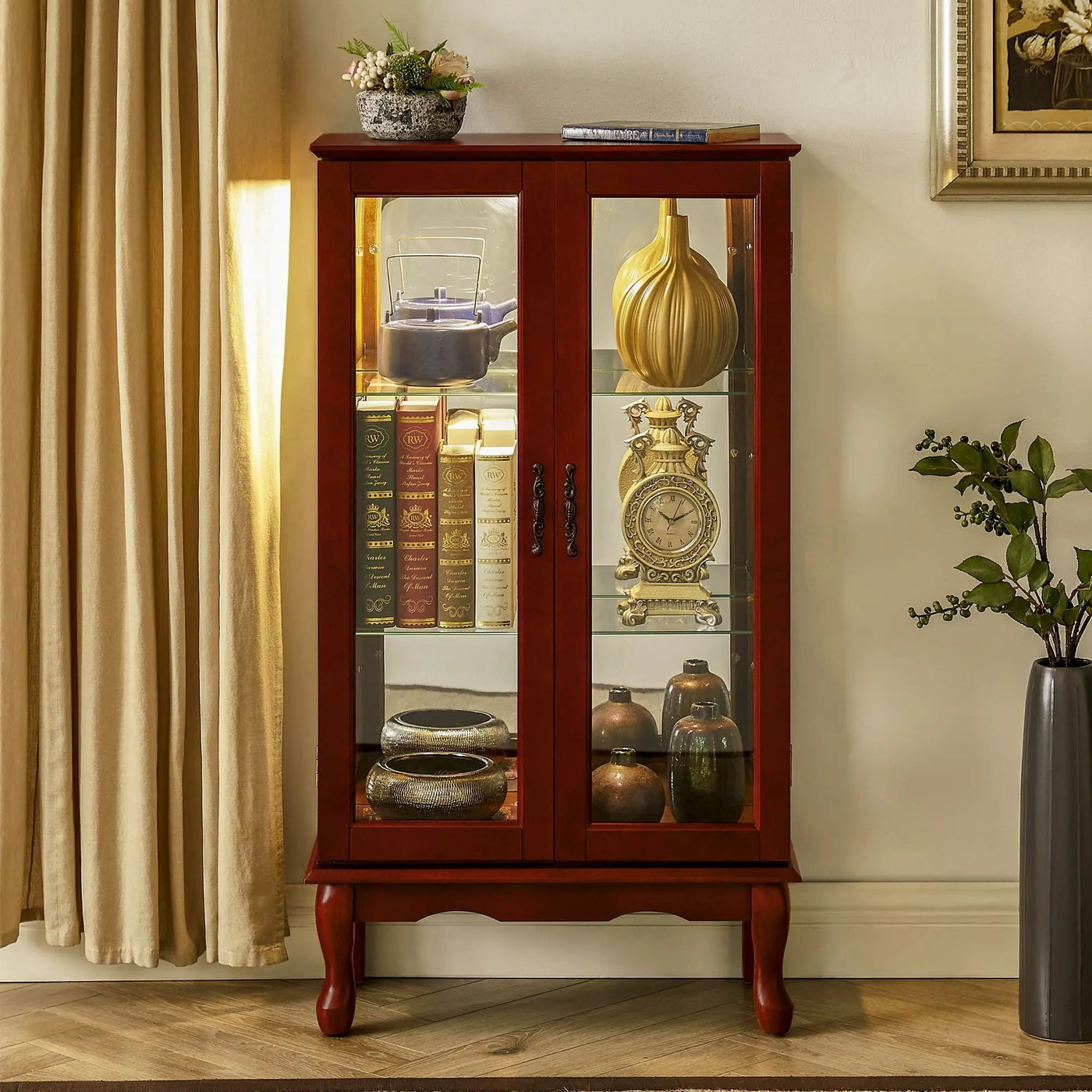 Curio Cabinet Lighted Curio Diapaly Cabinet With Adjustable Shelves And Mirrored Back Panel, Tempered Glass Doors (3 Tier), (E26 Light Bulb Not Included) by HouseOfZazla