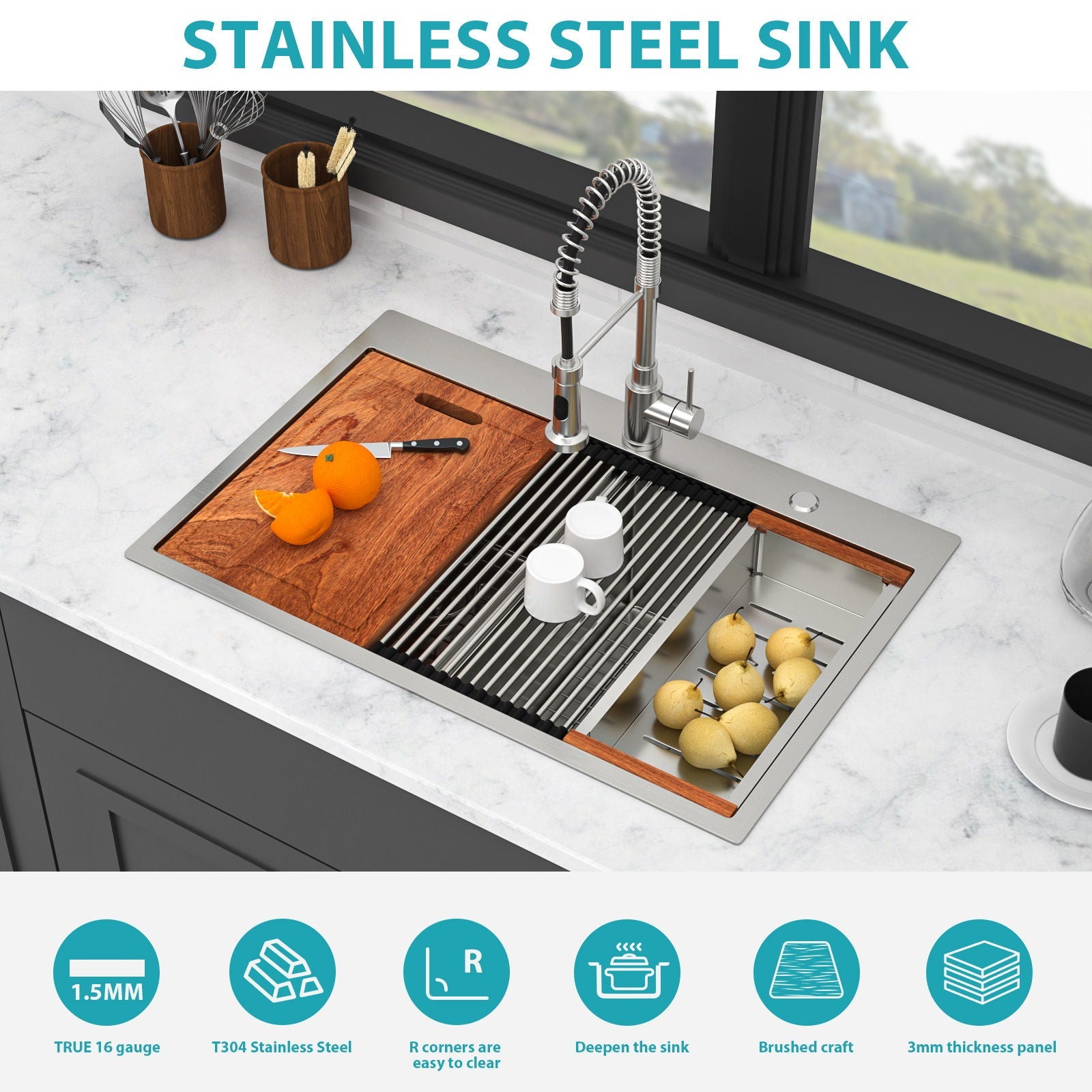 Topmount Drop In Kitchen Sink, Double Bowl 50 / 50 - Brushed Nickel by HouseOfZazla