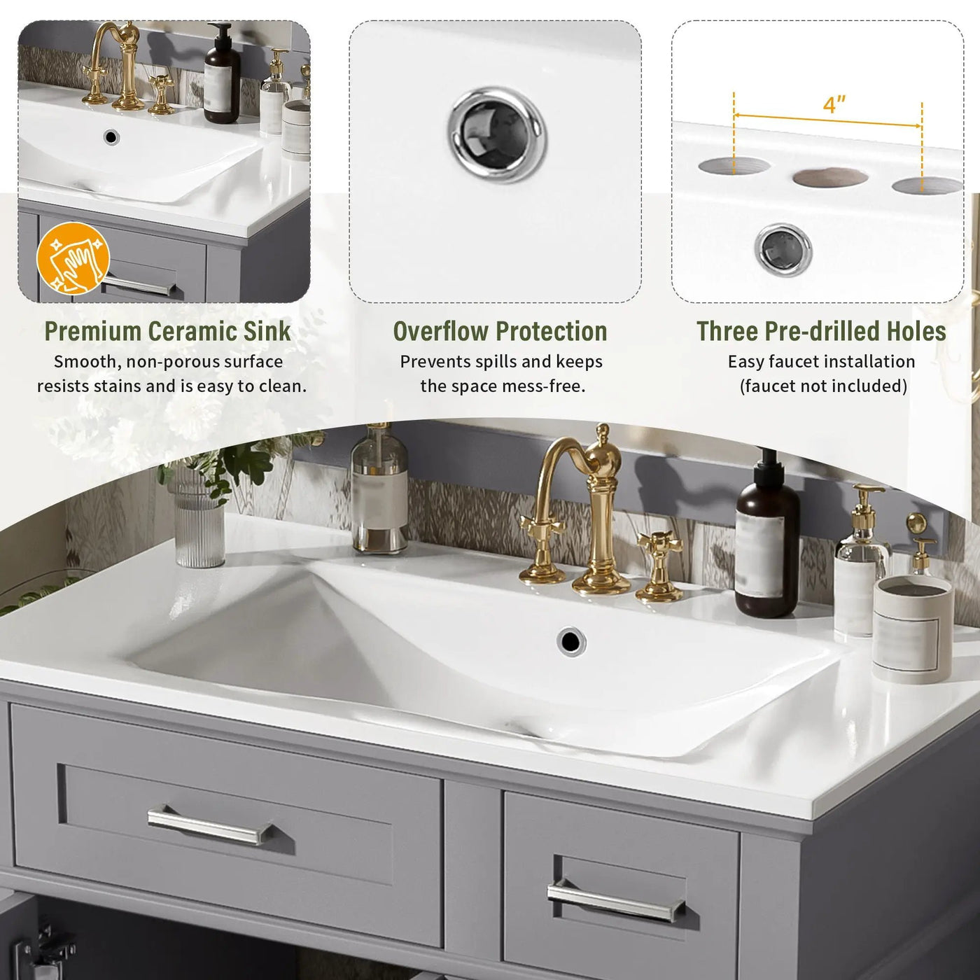 Modern Bathroom Vanity With Sink, Storage Cabinet, Soft Close Doors, Deep & Standard Drawers by HouseOfZazla