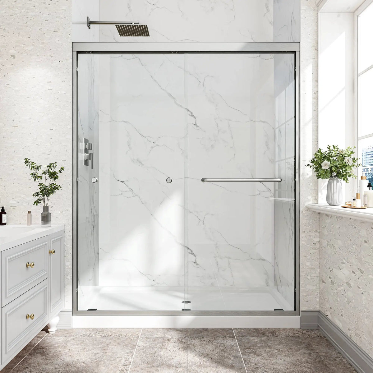 Brushed Nickel Reversible Installation Double Bypass Sliding Shower Door by HouseOfZazla