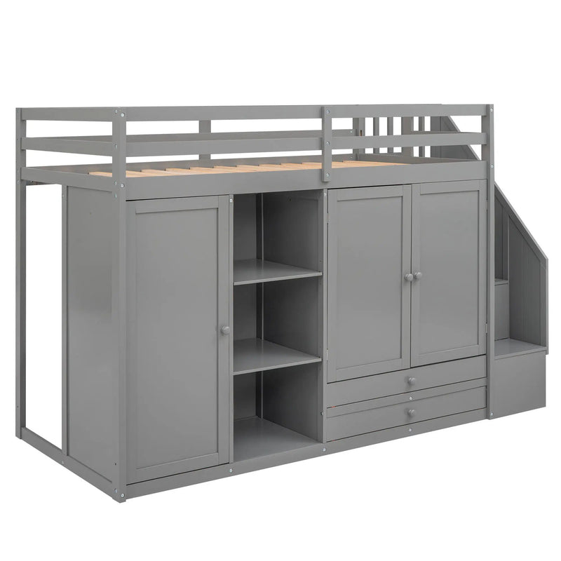 Loft Bed With 3 Shelves, 2 Wardrobes, 2 Drawers, Ladder Storage