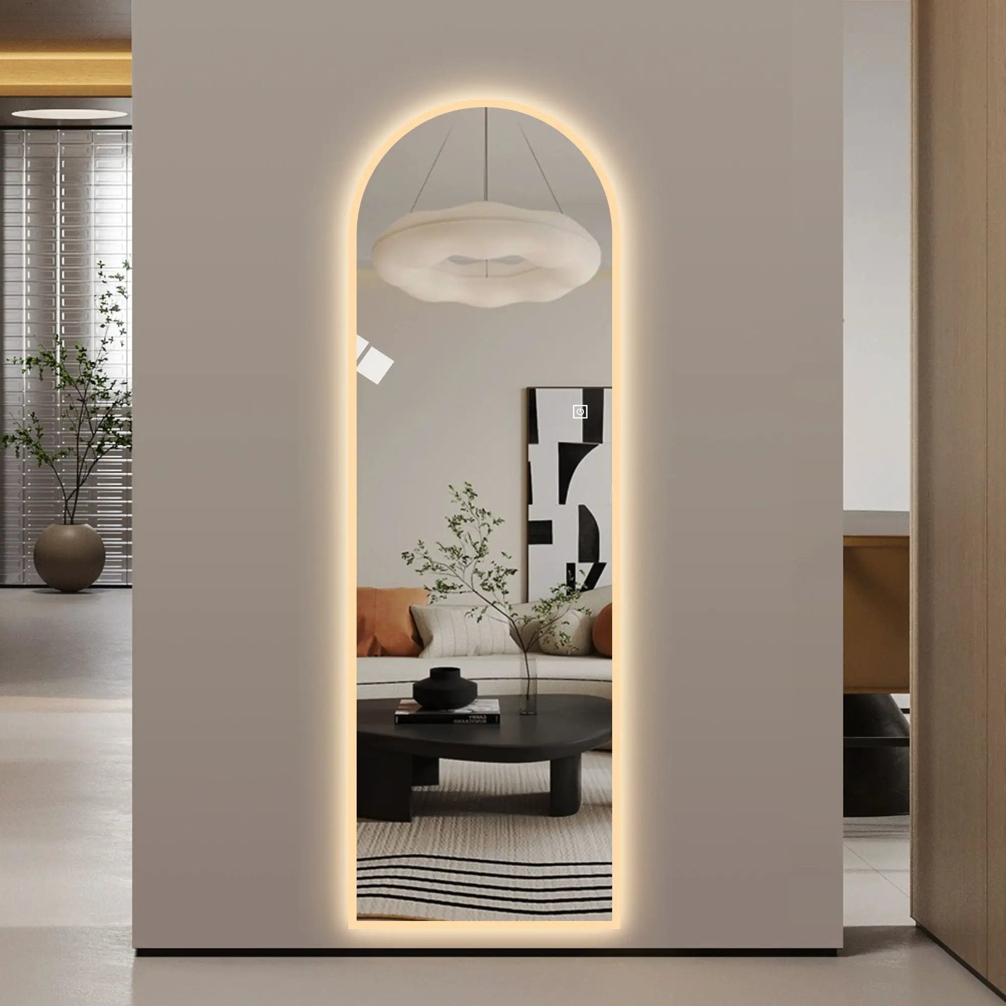 LED Full Length Wall Mirror With Symmetrical Arch Design, Dimmable 3 Color Temperature Lighting - Silver by HouseOfZazla