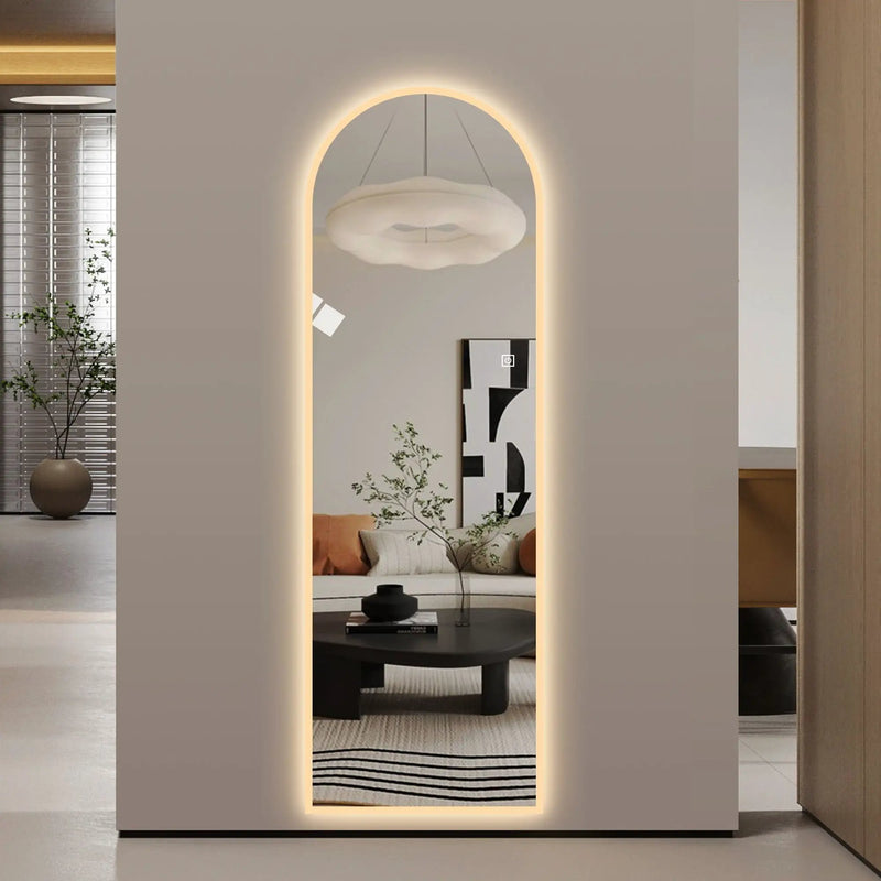LED Full Length Wall Mirror With Symmetrical Arch Design, Dimmable 3 Color Temperature Lighting - Silver by HouseOfZazla