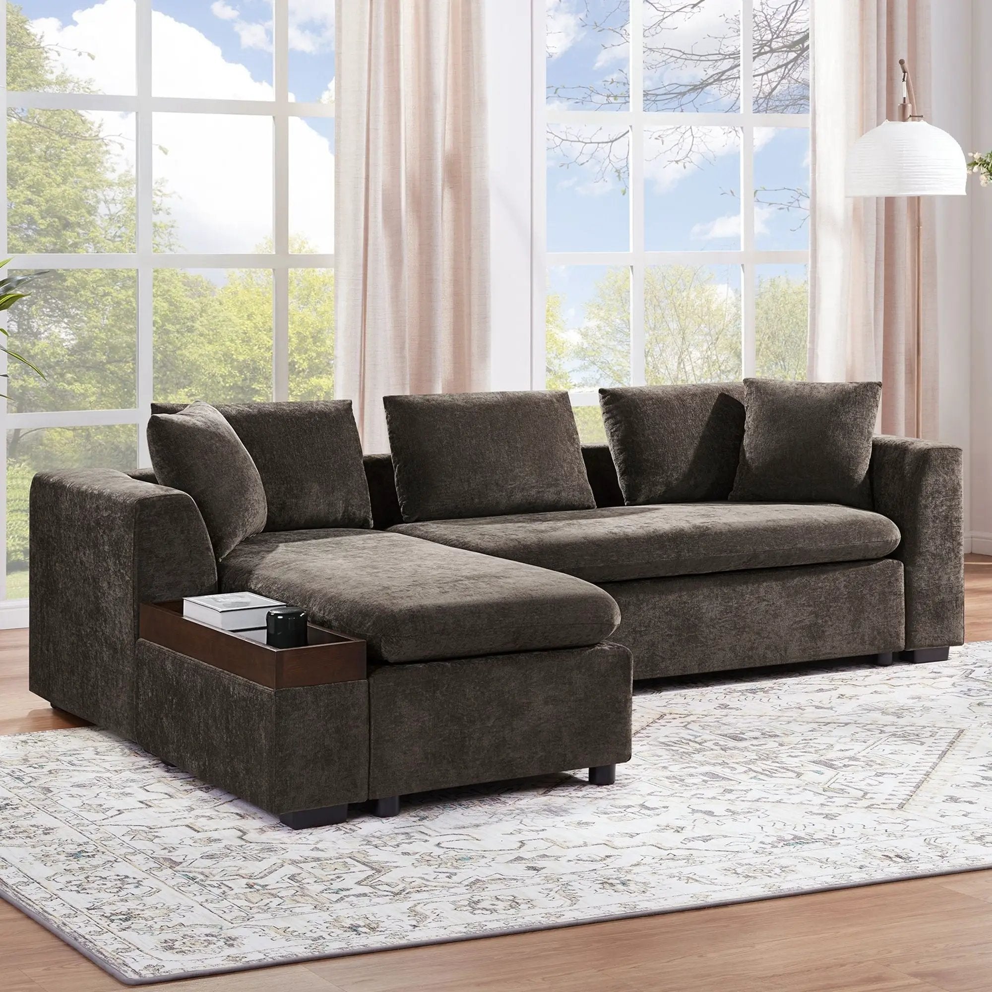 Modern L Shaped Sectional Sofa With Upholstery And Wooden Storage by HouseOfZazla