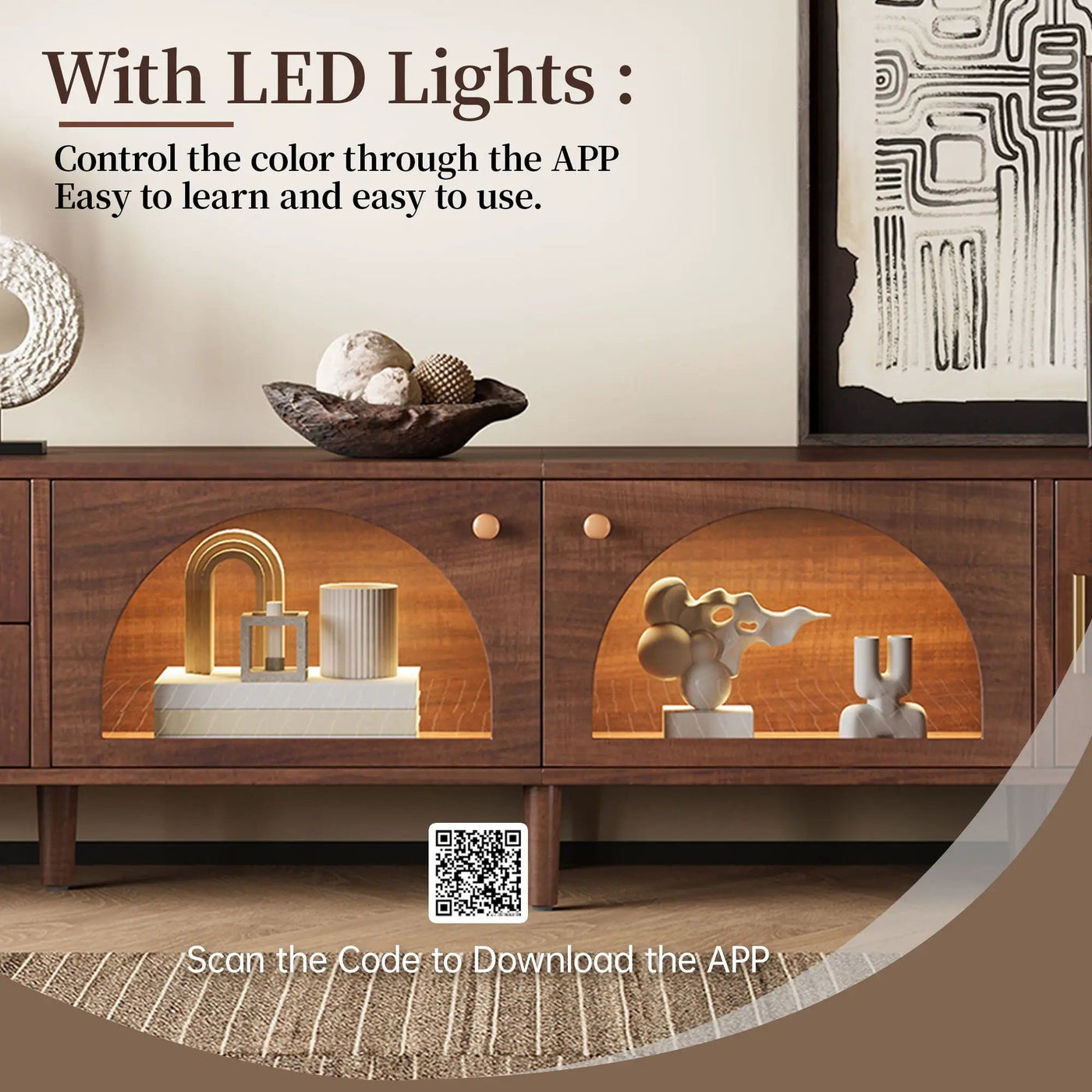 TV Stand With App-Controlled LED Lights, 2 Drawers & Door Storage by HouseOfZazla