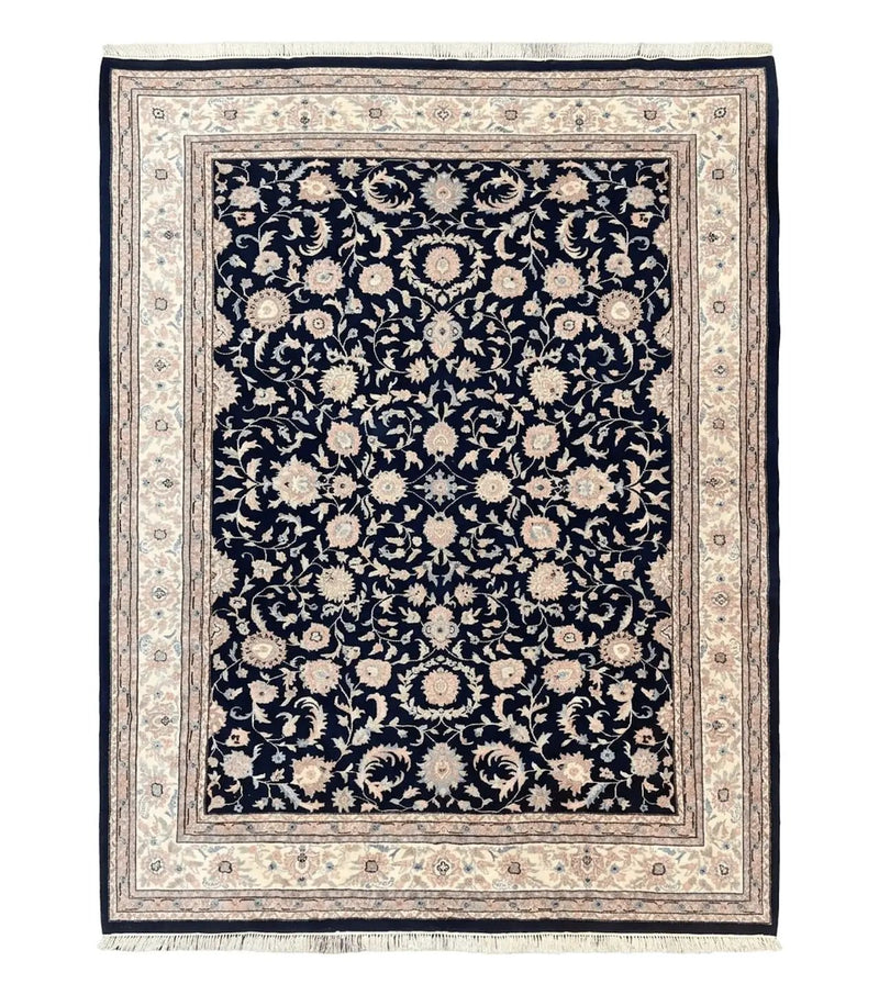 Indo Persian Rug 9x12, Navy Blue and Ivory/Cream, Floral Allover, Wool Vintage Handmade Carpet by Jewel Rugs