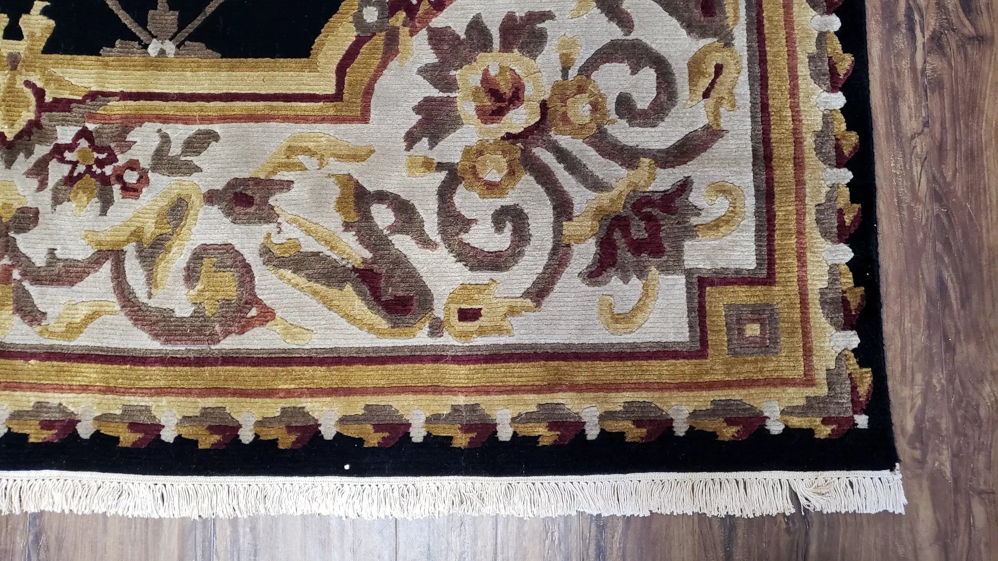 6x9 Nepalese Rug, Aubusson Savonnerie Area Rug 6 x 9 with Soft Pile, Hand-Knotted Wool Black & Beige Tibetan New Carpet European Design by Jewel Rugs