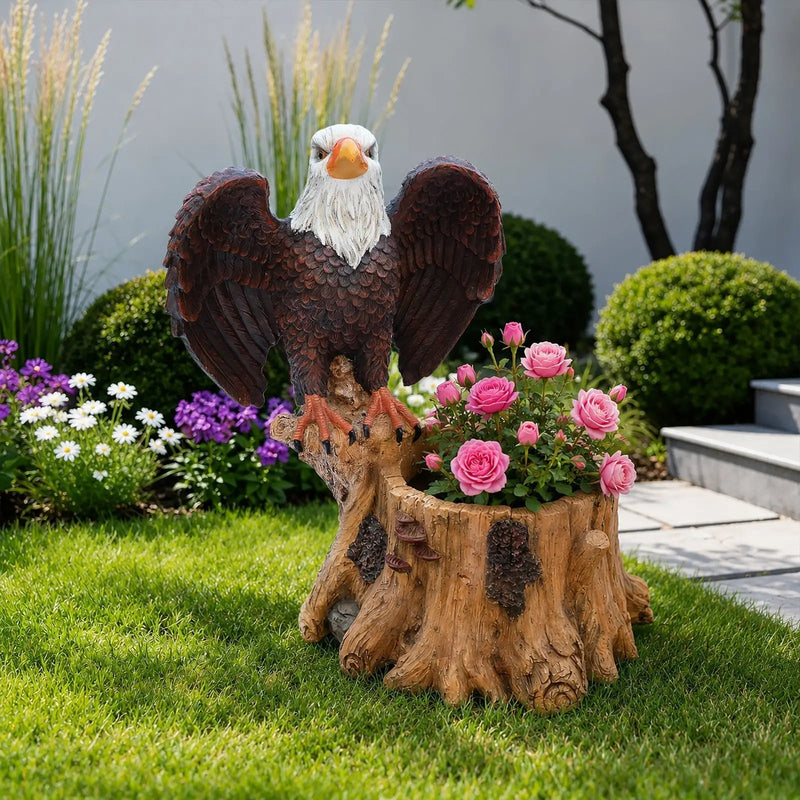 Majestic Eagle Garden Planter Pot on Tree Stump Base