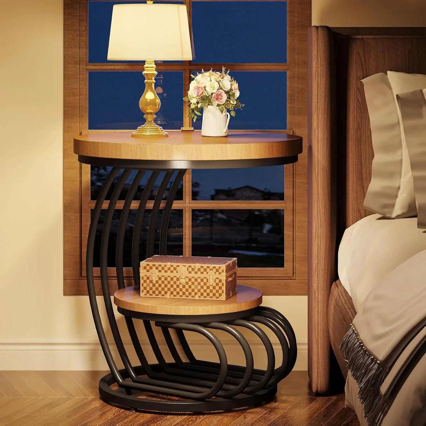 Round Vintage End Table With 2 Tier Storage by HouseOfZazla