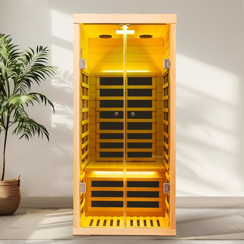 Luxury Indoor Low EMF Far Infrared Sauna Room with Hemlock Wood and Glass Double Doors by HouseOfZazla