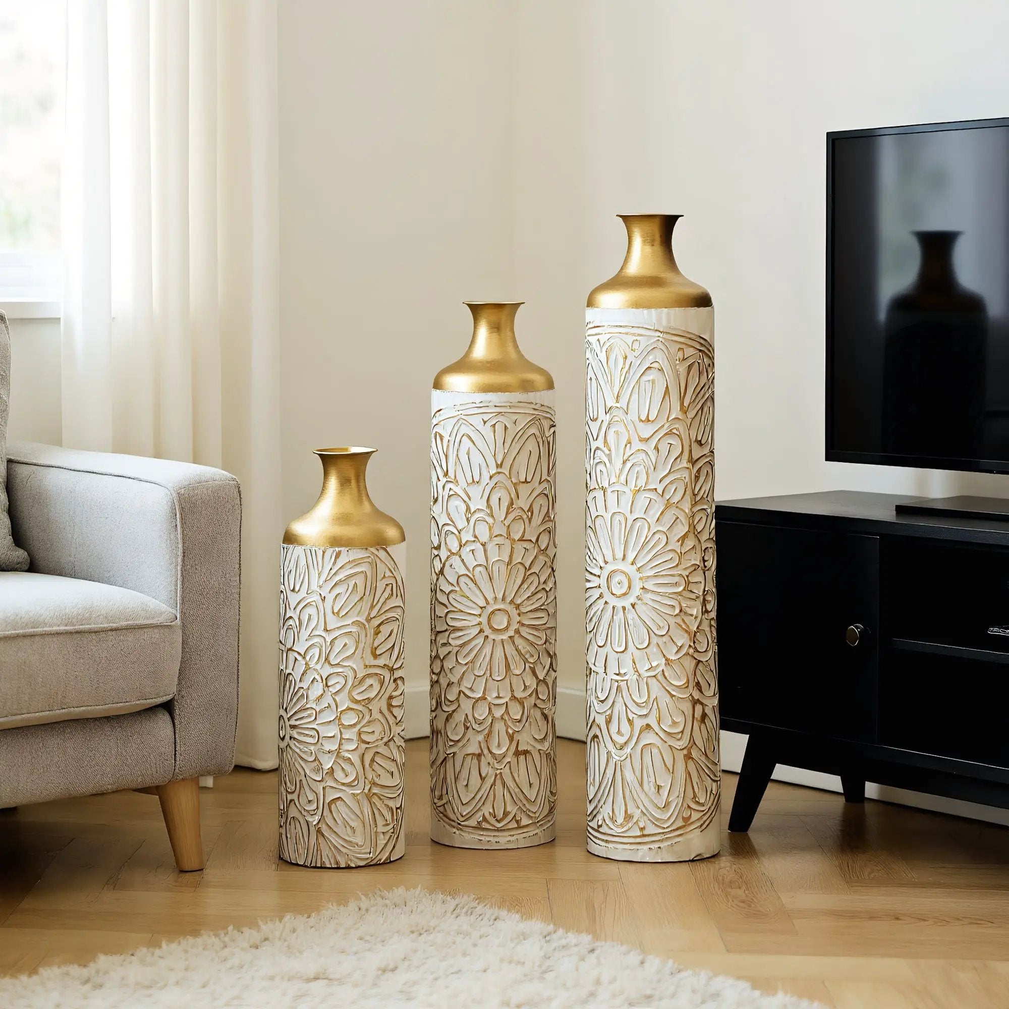 3 Piece Home Decoration Large Glazed Floor Vase Decoration Home Droplet Shaped - Gold / White by Unique Piece Furniture