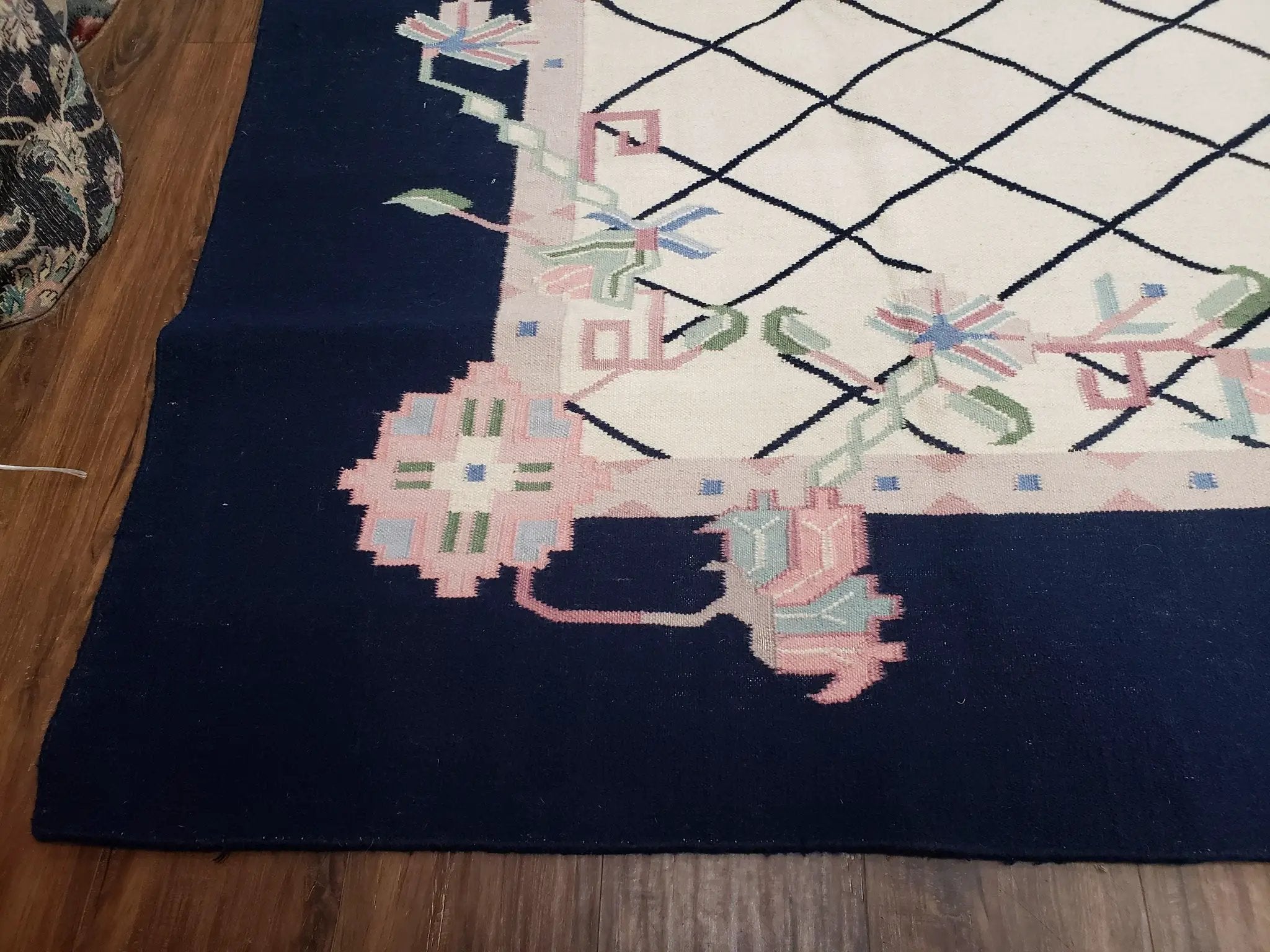 Vintage Dhurrie Rug, Indian Dhurrie 8x11 - 9x11, Wool Hand-Woven Ivory & Black Indo Carpet, Large Flat Weave Rug Living Room Rug Black White by Jewel Rugs