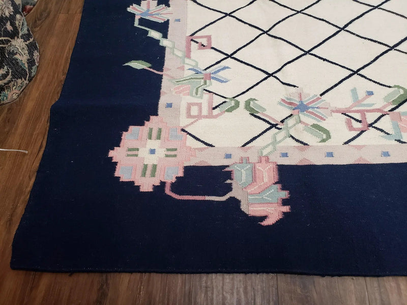 Vintage Dhurrie Rug, Indian Dhurrie 8x11 - 9x11, Wool Hand-Woven Ivory & Black Indo Carpet, Large Flat Weave Rug Living Room Rug Black White by Jewel Rugs