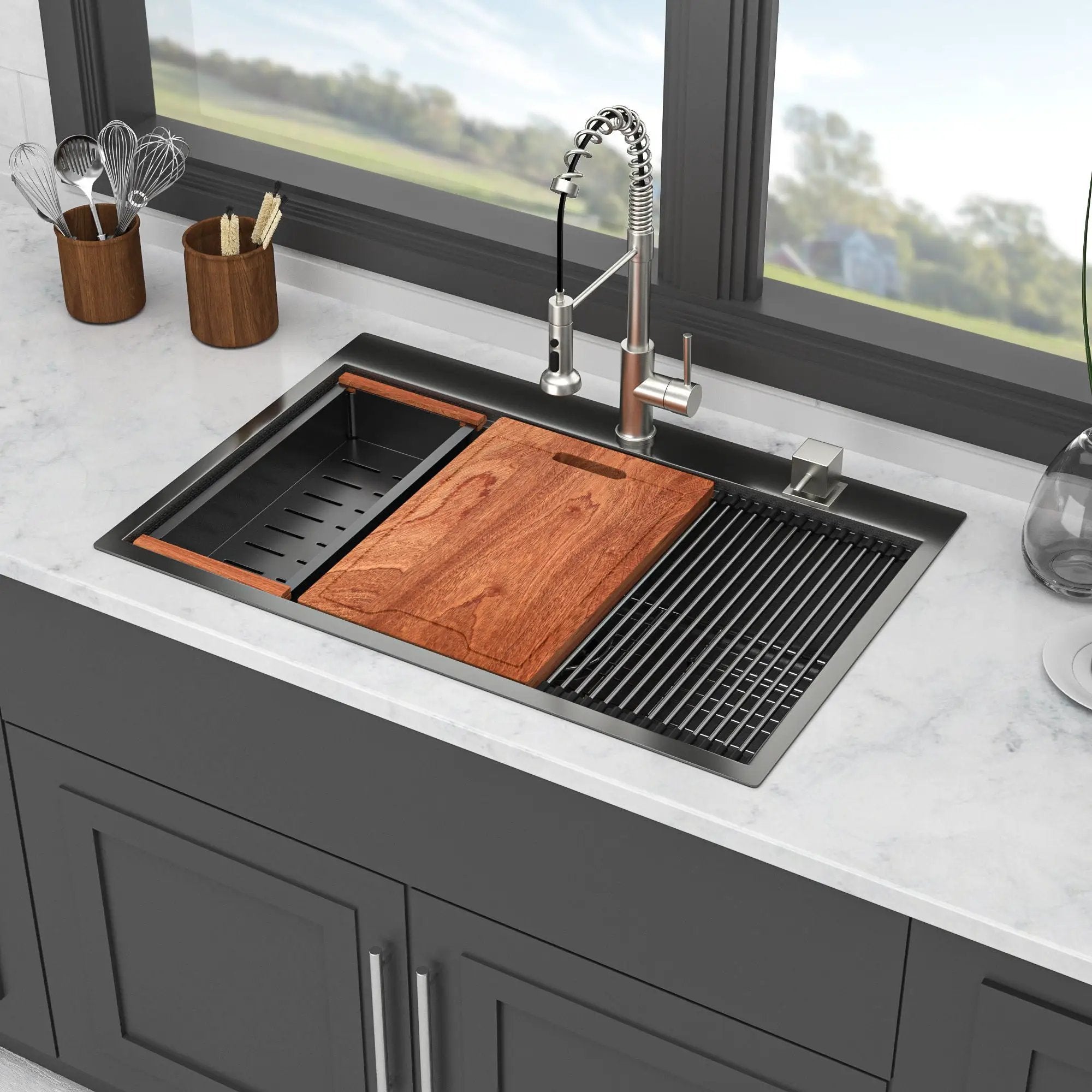 33" Drop In Kitchen Sink With Ledge Workstation, 16 Gauge Stainless Steel - Gunmetal Black by HouseOfZazla