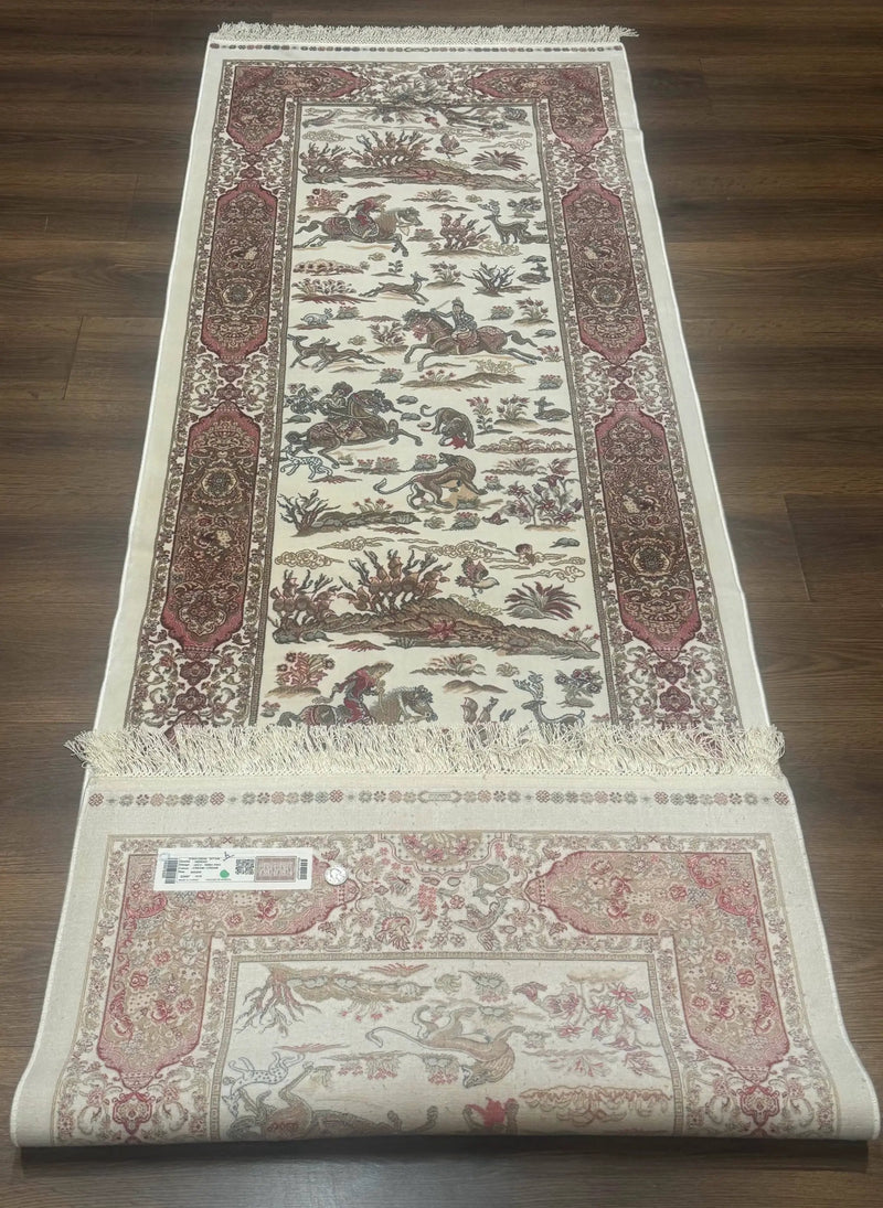 Turkish Silk Runner Rug 2.6 x 8, Hunting Design, Ivory, Bamboo Silk, New by Jewel Rugs
