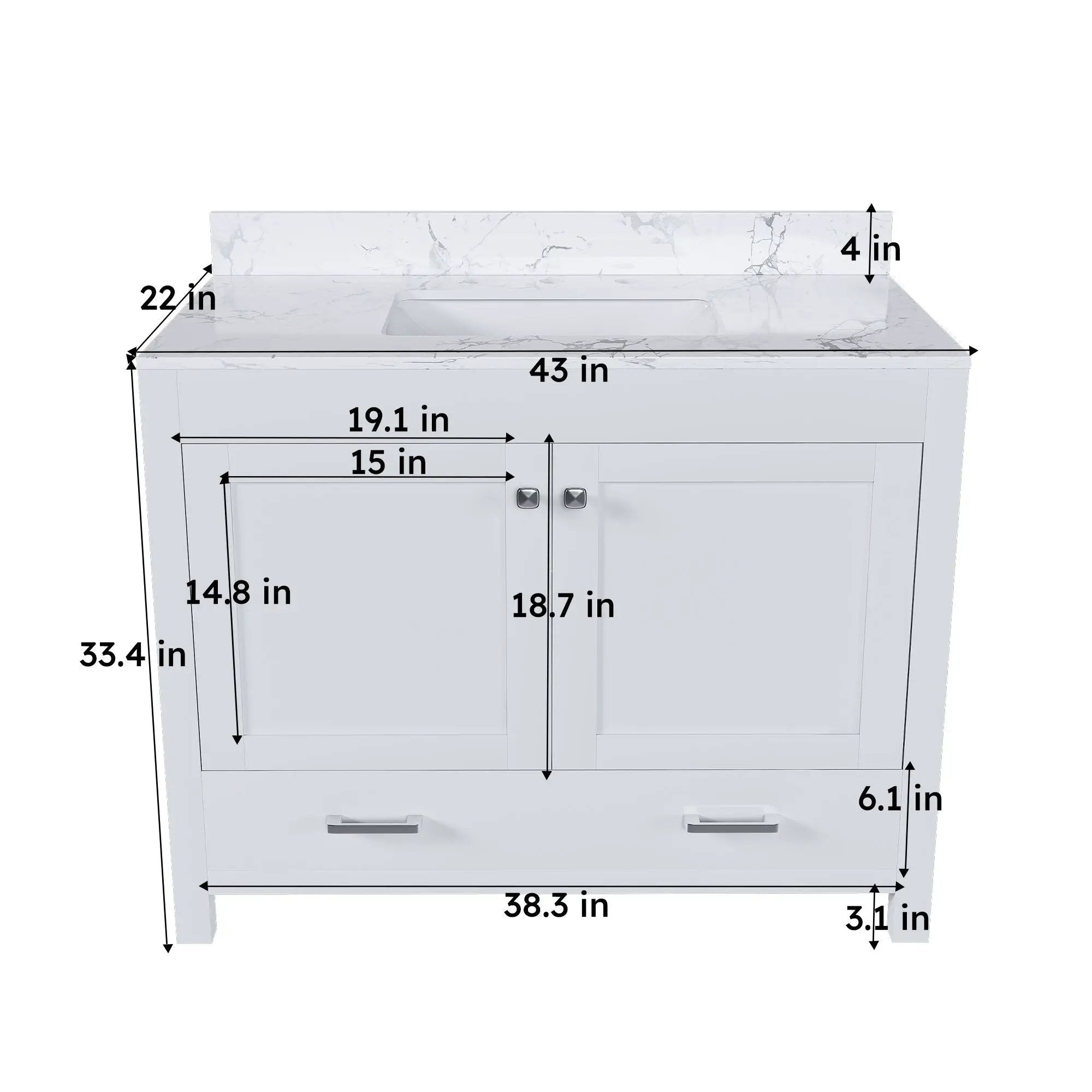 43" Bathroom Vanity With Artificial Marble Carrara Top Set, Multi Functional Bathroom Cabinet With Doors And Drawer - White by Unique Piece Furniture