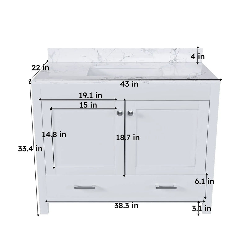 43" Bathroom Vanity With Artificial Marble Carrara Top Set, Multi Functional Bathroom Cabinet With Doors And Drawer - White by Unique Piece Furniture