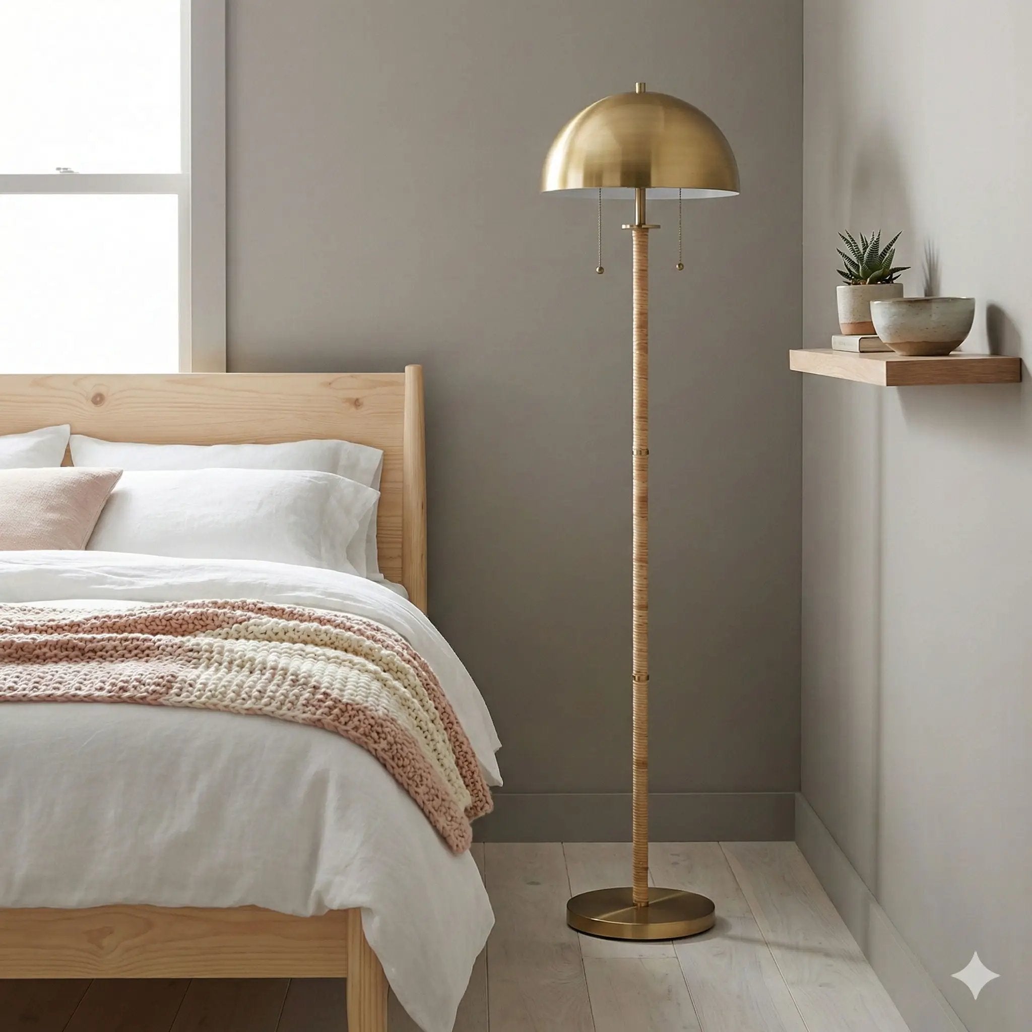 Allure - 2 Light Floor Lamp, Gold, Natural Tube, Double On / Off Pull Chain - Gold / Rattan by Unique Piece Furniture