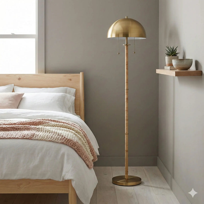 Allure - 2 Light Floor Lamp, Gold, Natural Tube, Double On / Off Pull Chain - Gold / Rattan by Unique Piece Furniture