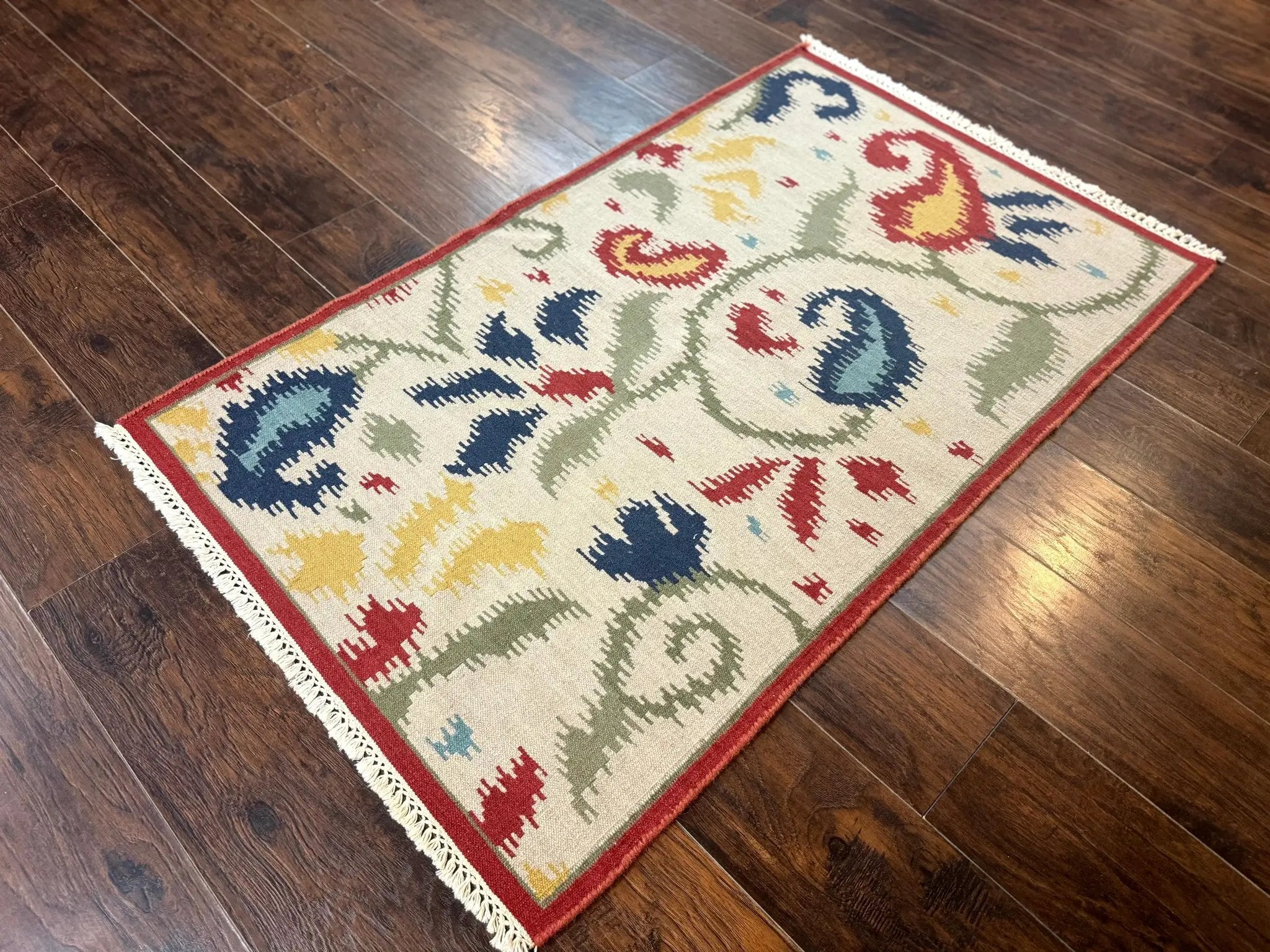 Indian Kilim Flatweave Rug 3x5, Abstract, Beige and Multicolor Flowers, Handmade by Jewel Rugs