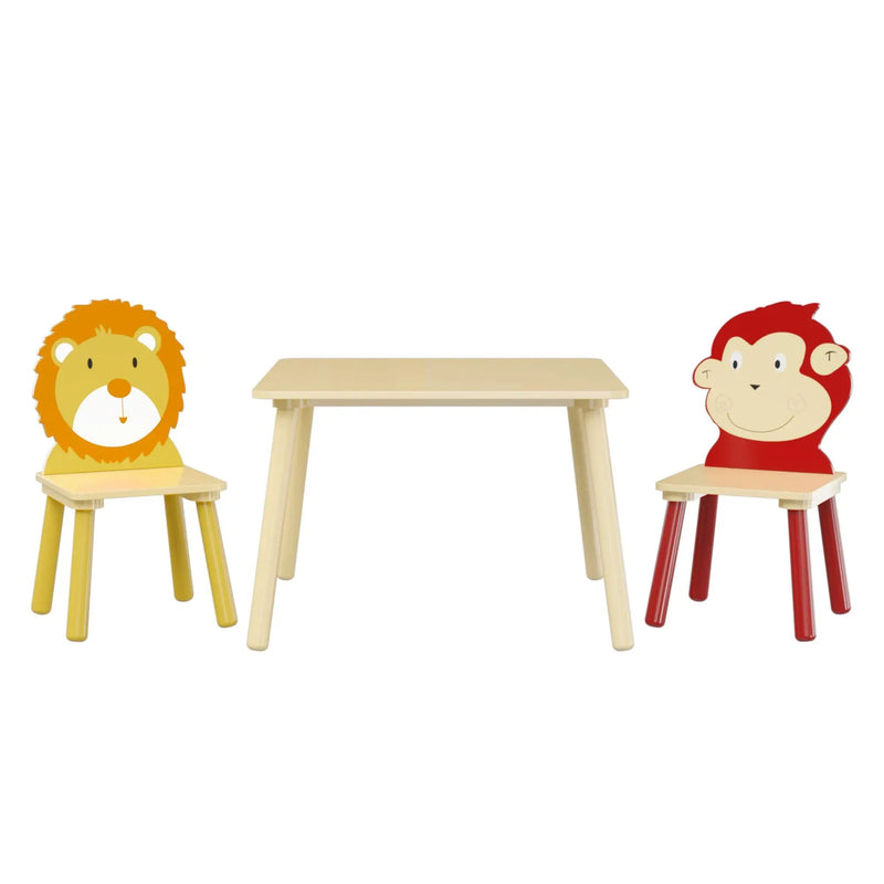 Kids Table And 2 Chairs Set, 3 Pieces Toddler Table And Chair Set, Wooden Activity Play Table Set (Lion&Monkey) - Natural by HouseOfZazla