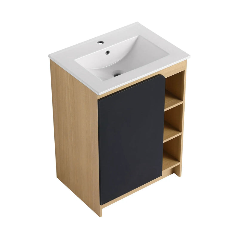 Freestanding Bathroom Vanity With Thin Rim Sink, Single Door With 4 Tier Open Shelves - Light Oak / White by HouseOfZazla