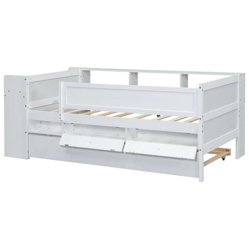 Twin Daybed With Drawers, Trundle, Headboard Storage, Study Desk, And USB Charging Station - White by HouseOfZazla