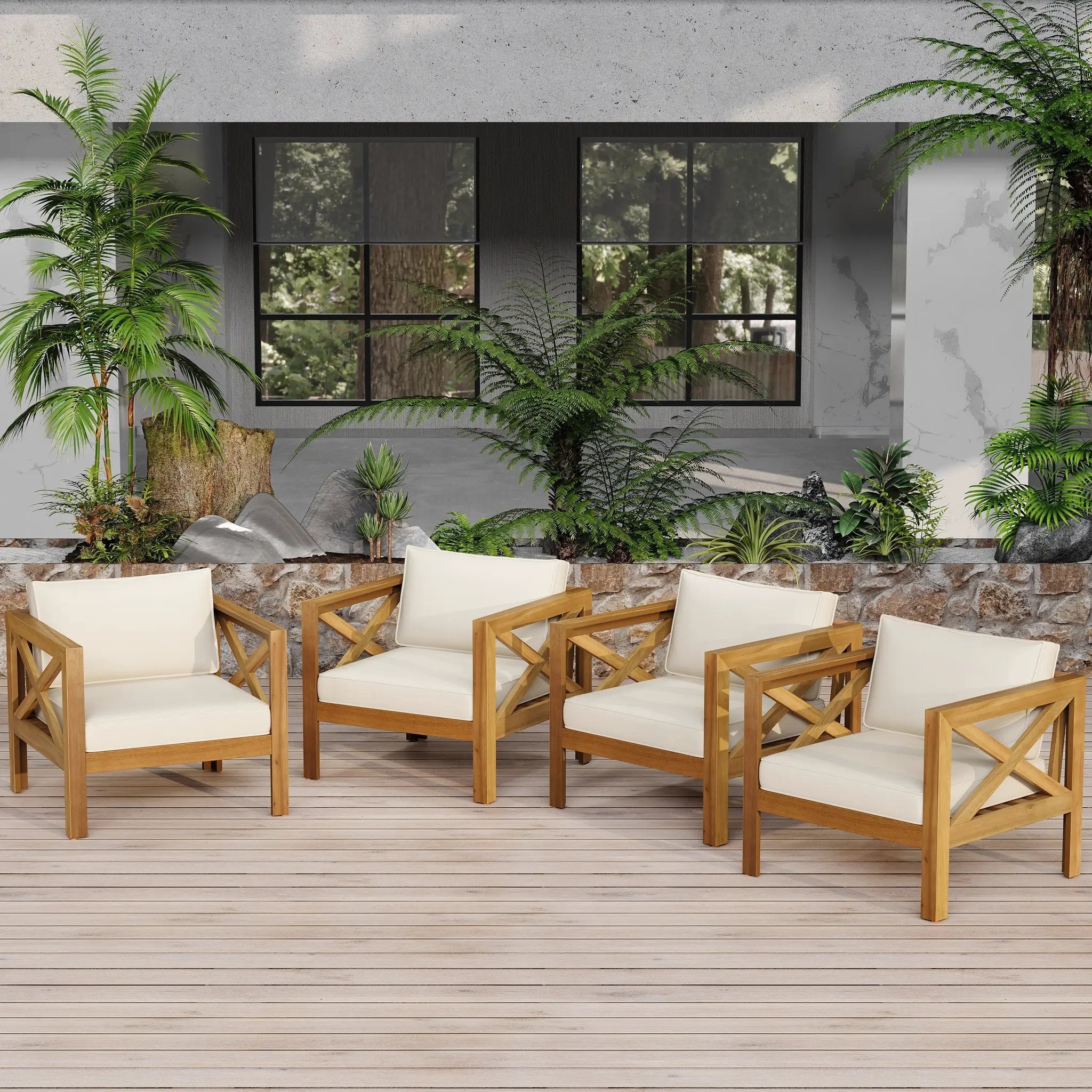 Outdoor Acacia Wood Club Wooden Armchair with Cushions (Set of 2) by HouseOfZazla
