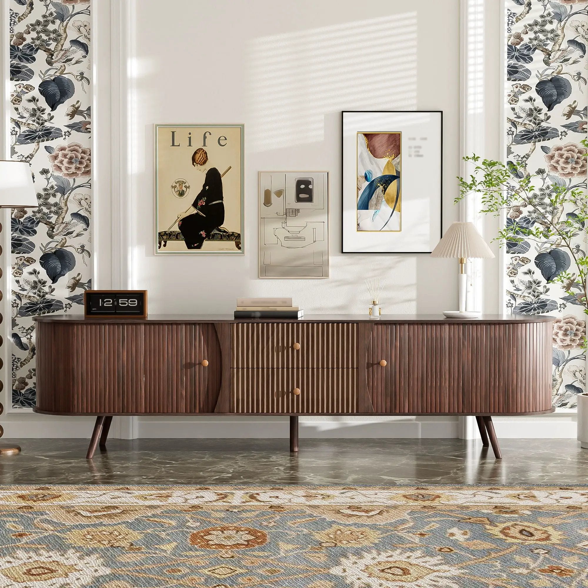 70" TV Stand With Tambour Doors And Fluted Drawers - Dark Brown by Unique Piece Furniture
