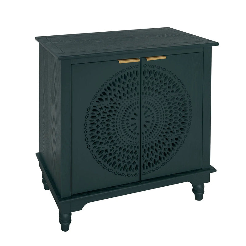 Hollow Carved 2 Door Accent Cabinet With Adjustable Shelf, Sideboard Buffet For Entryway, Living Room Or Bedroom - Blackish Green by HouseOfZazla