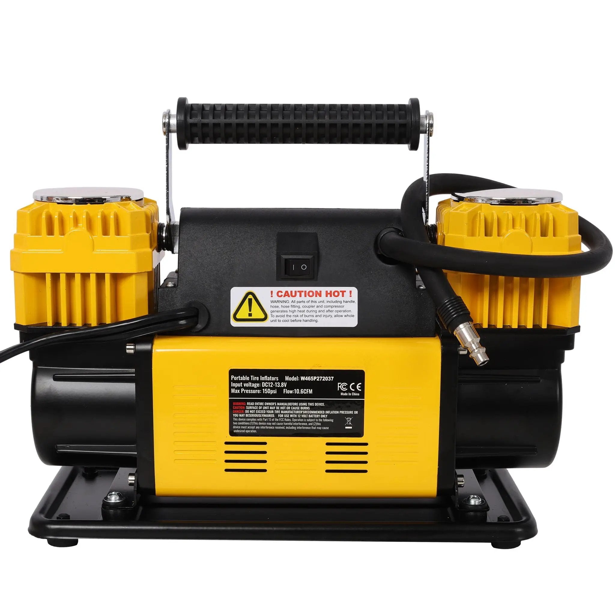 Heavy Duty 12V Dual Cylinder Air Compressor, Tire Inflator With Gauge - Yellow / Black by HouseOfZazla