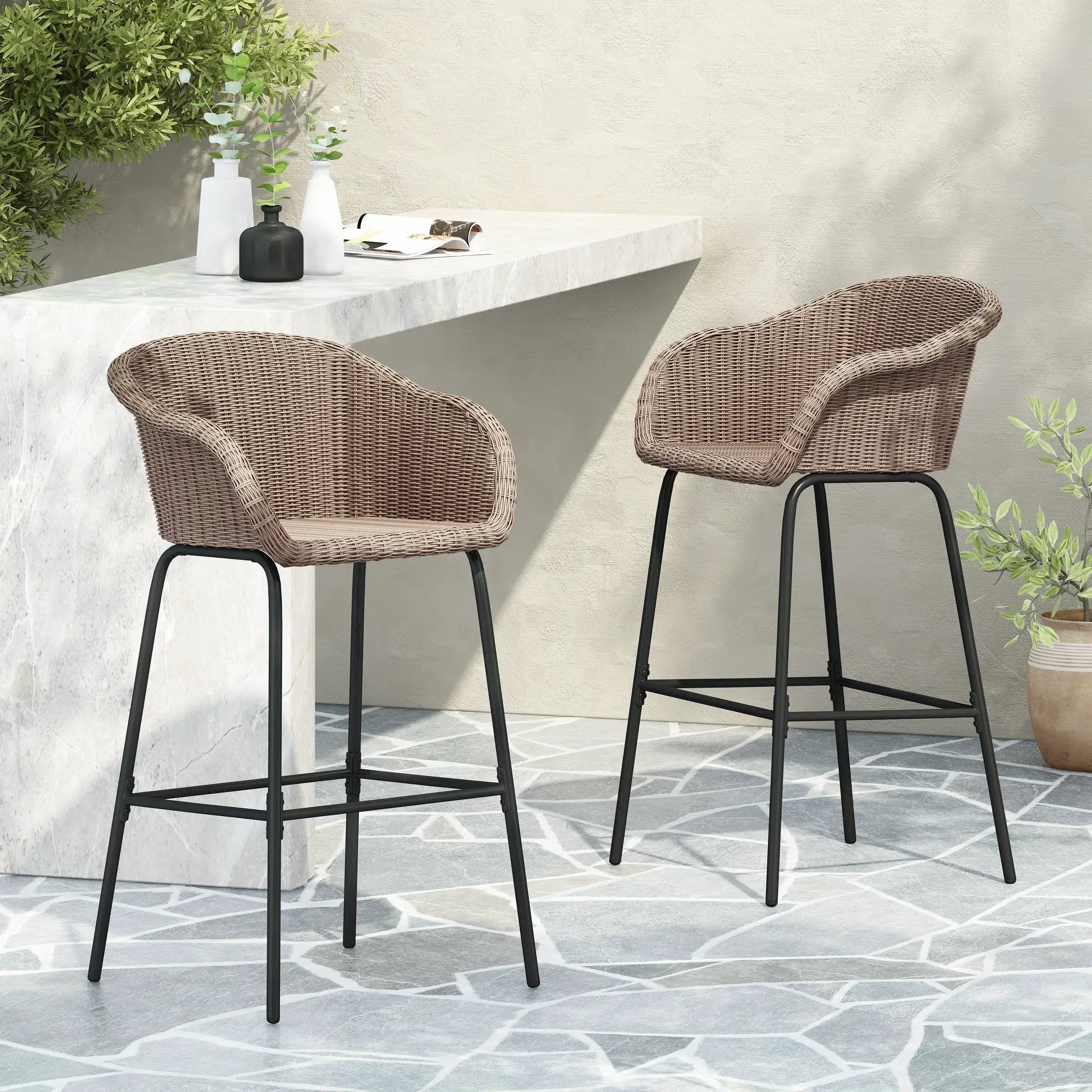 Ladd Outdoor Metal Wicker Barstool Set of 2 by HouseOfZazla